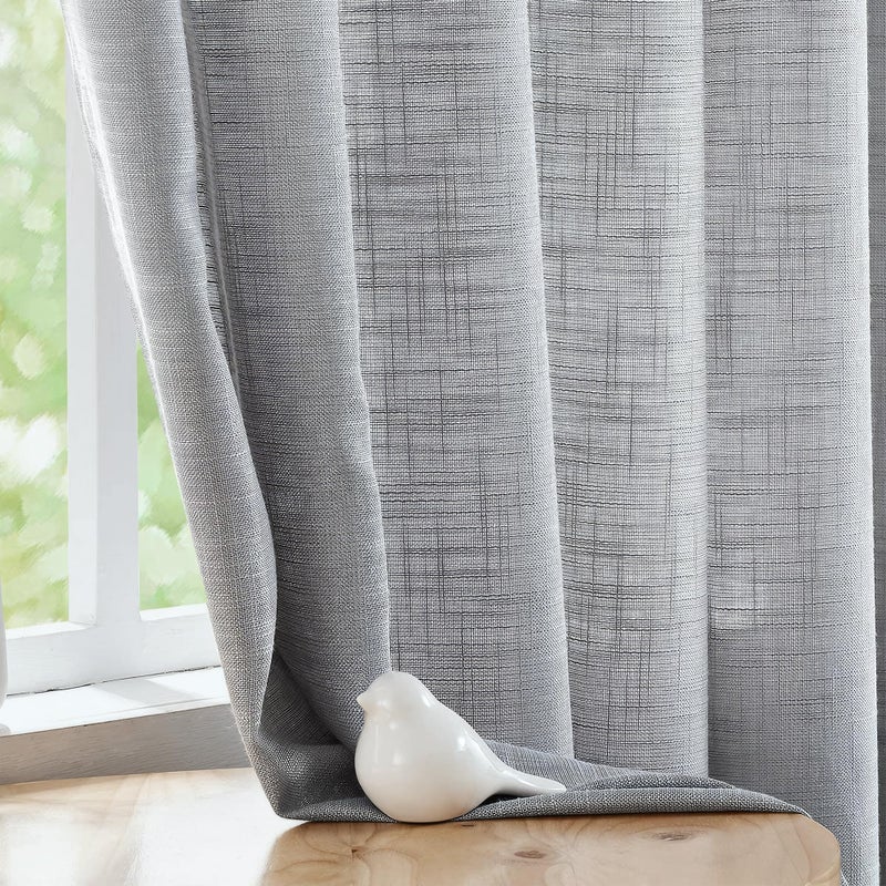 FMFUNCTEX Linen Semi Sheer Curtains for Bedroom, Grey Curtains 63 Inch Length for Living Room, Country Farmhouse Sheer Drapes, Light Filtering Window Curtain, Grommet Top 2 Panels - Image 1